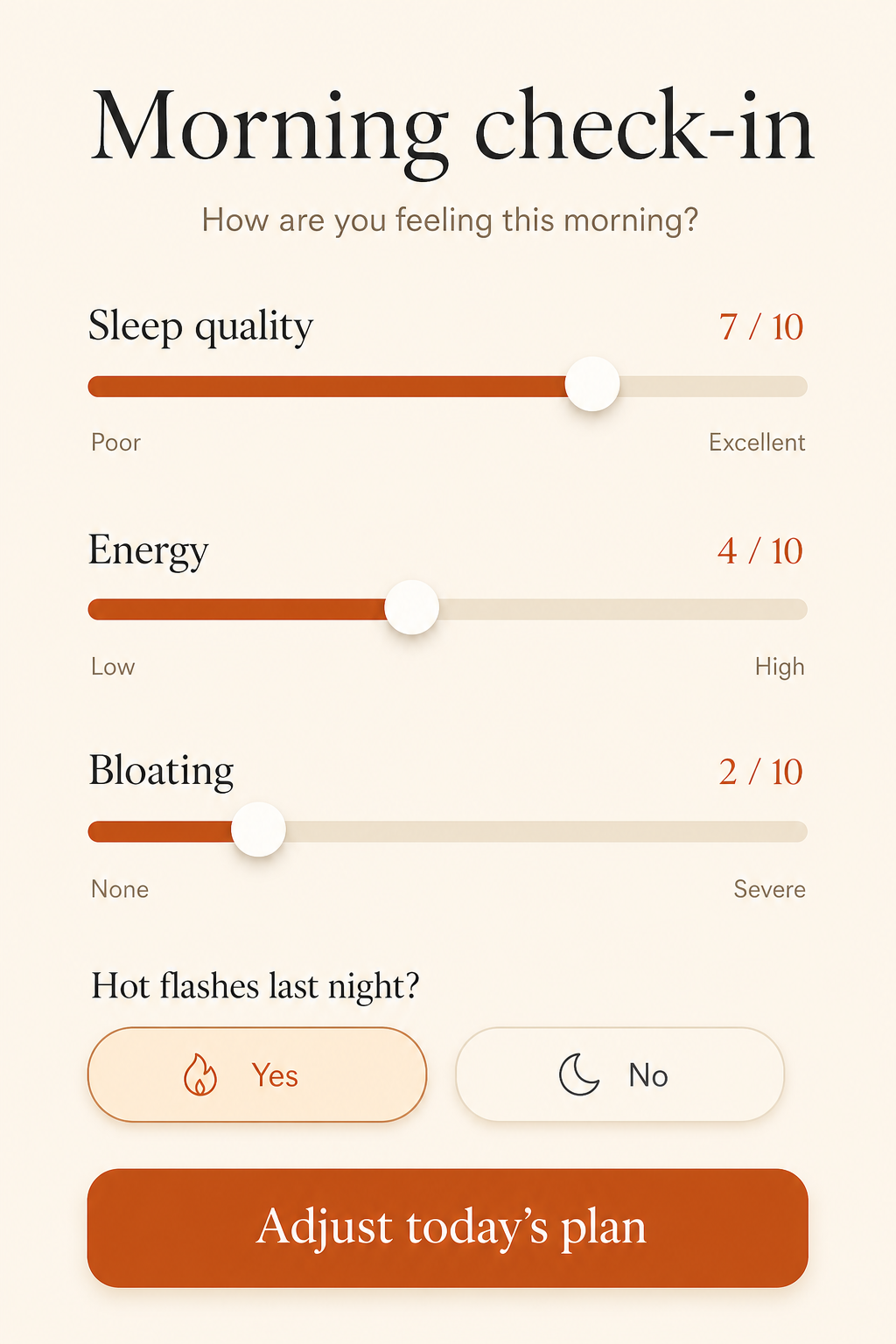 Kindra Slim morning check-in screen with sleep, energy and bloating sliders