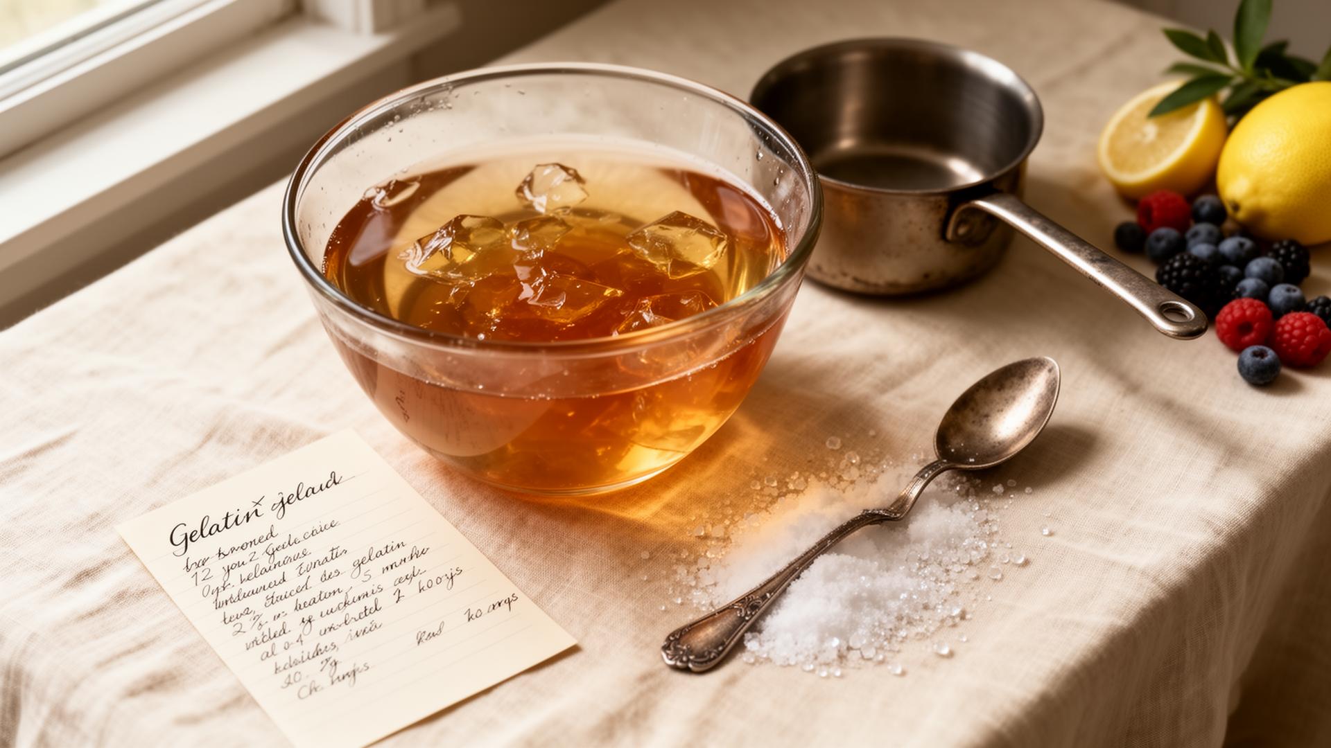 A homemade gelatin recipe in preparation: a glass bowl of bloomed amber gelatin on a cream linen table with a handwritten recipe card, spoon, and lemon
