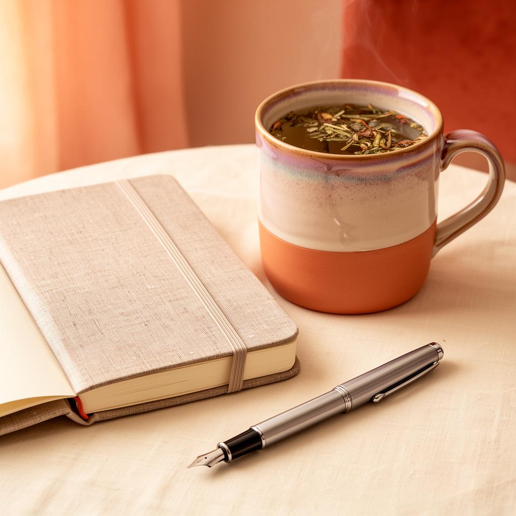 Herbal tea mug beside a linen journal in warm morning light