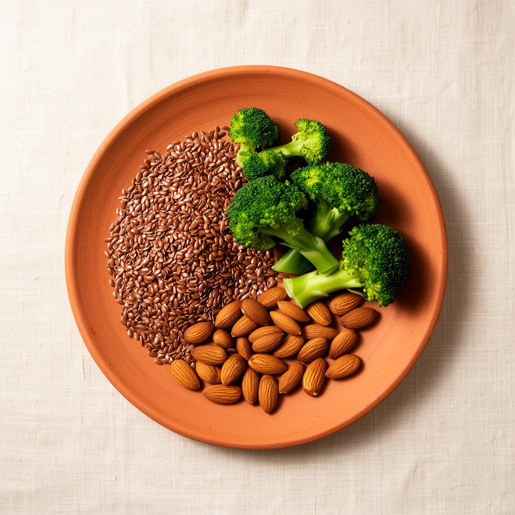 Flaxseeds, broccoli and almonds on a terracotta plate
