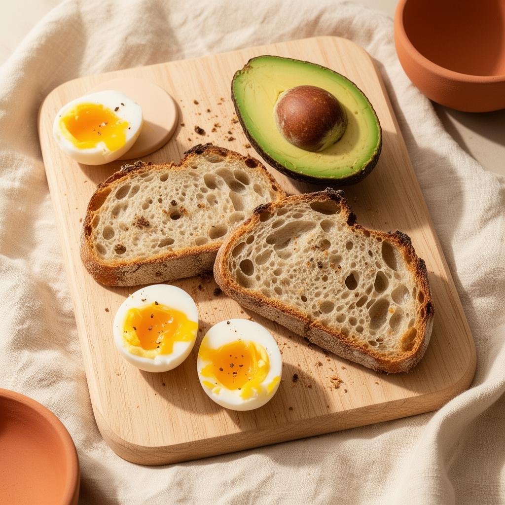 Sourdough, avocado and soft-boiled eggs on a wooden board