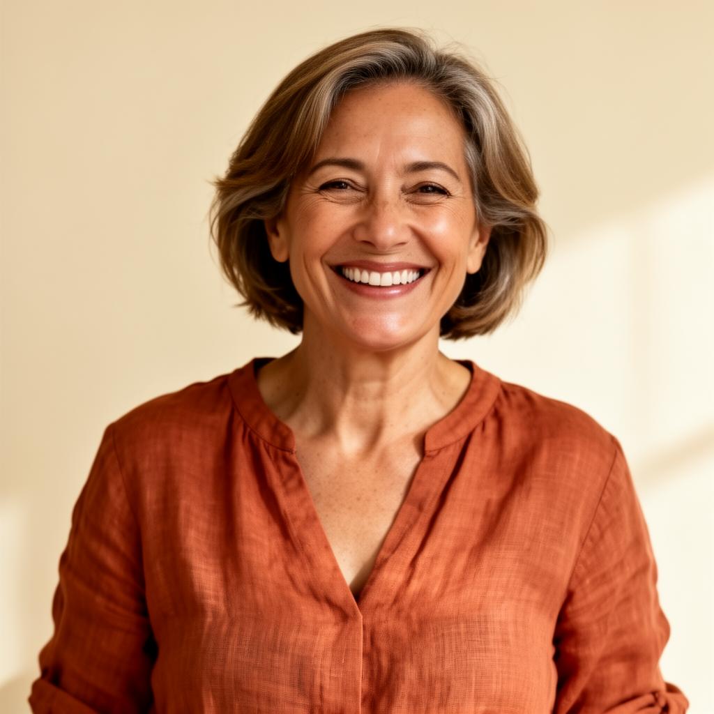 Smiling confident woman in her mid 50s in terracotta linen