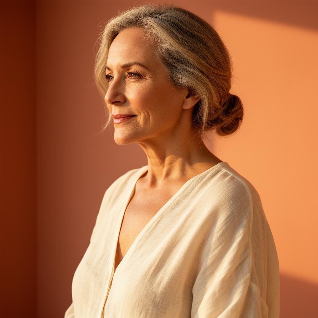 Woman in her 50s in cream linen, calm side portrait in golden light