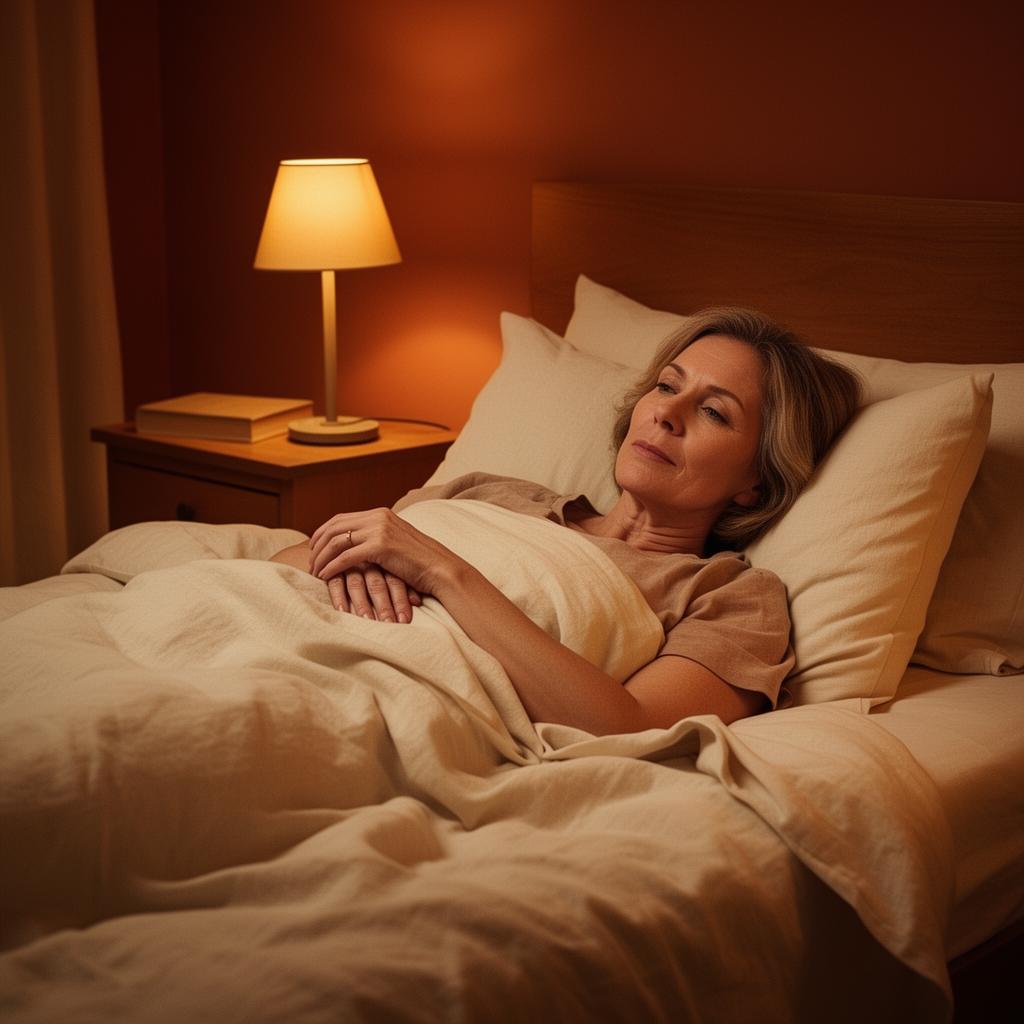 Woman awake in bed at 3am with warm amber lamp light