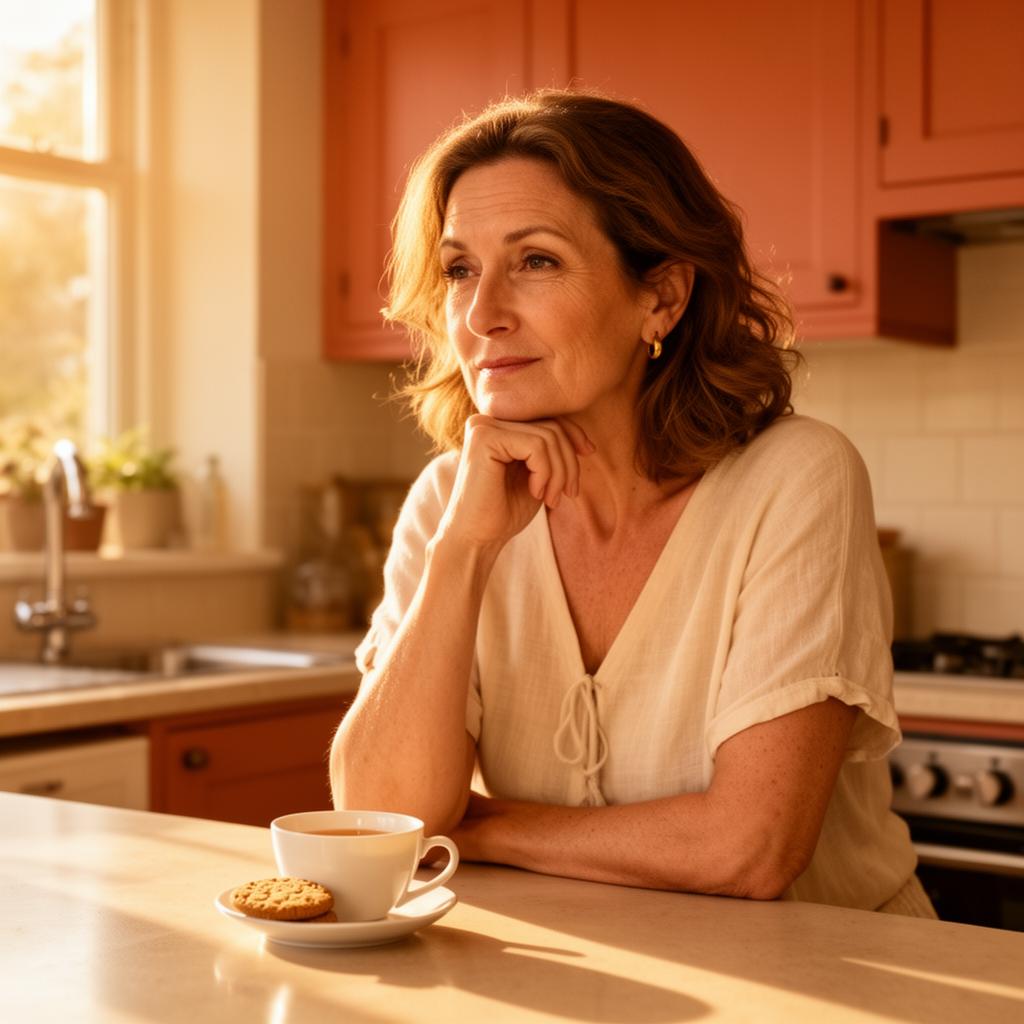 Woman in sunlit kitchen with afternoon tea and biscuit