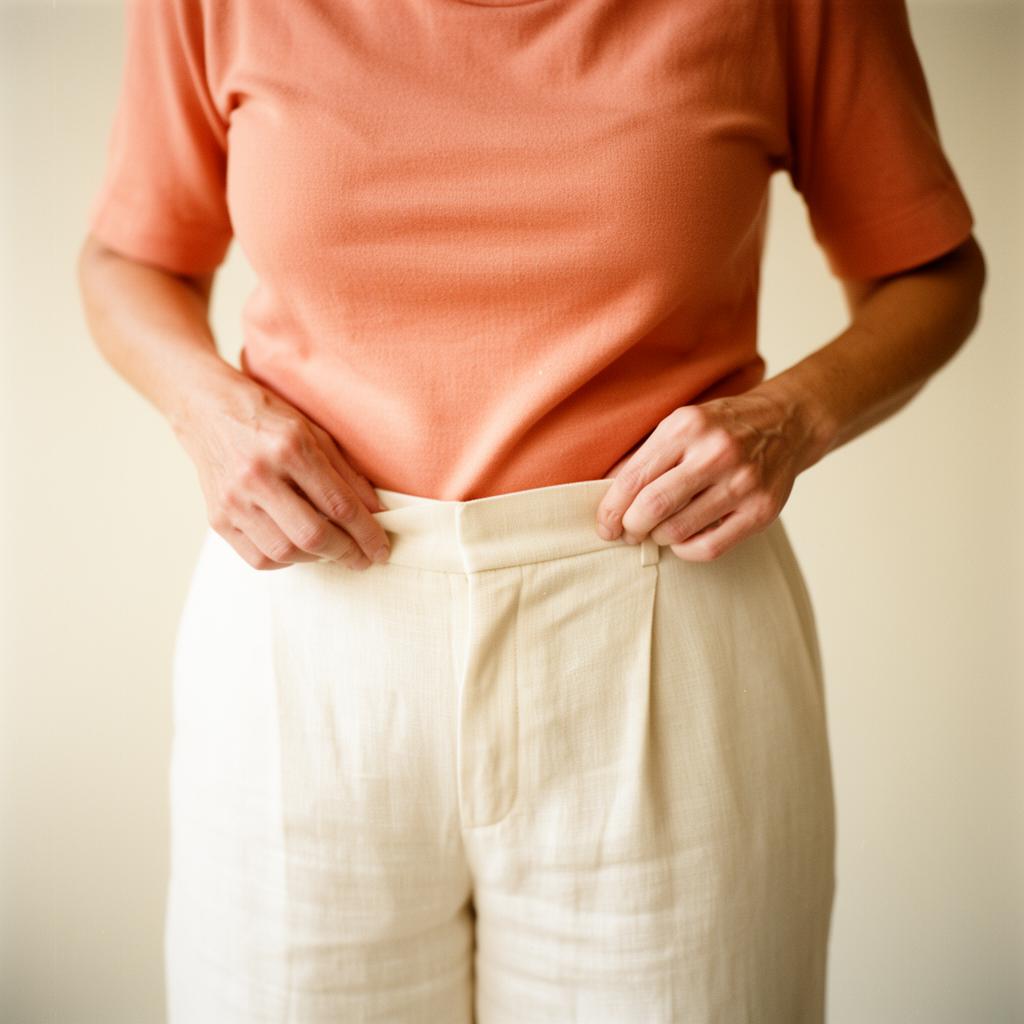 Woman in her 50s adjusting waistband of cream linen trousers