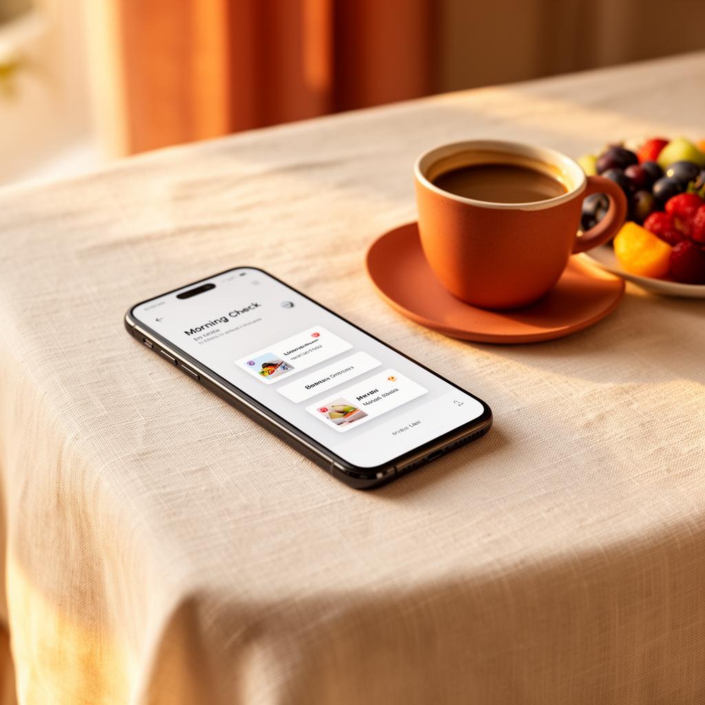 Phone on a linen breakfast table showing morning check-in